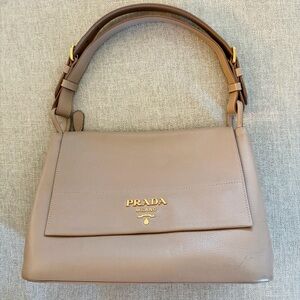Prada Vitello Daino Leather Shoulder Bag Taupe Beige Flap Handbag